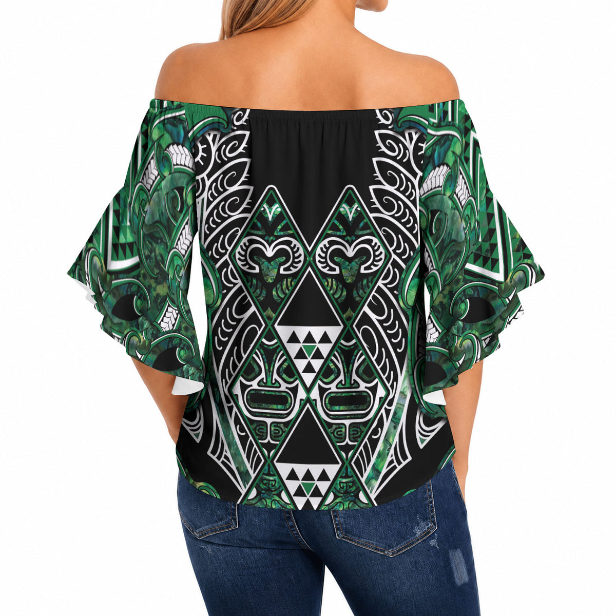 Aotearoa Ngai Tahu Off Shoulder Wrap Waist Top Maori Tribal Dark Green Paua Shell Pattern DT05 - Polynesian Pride