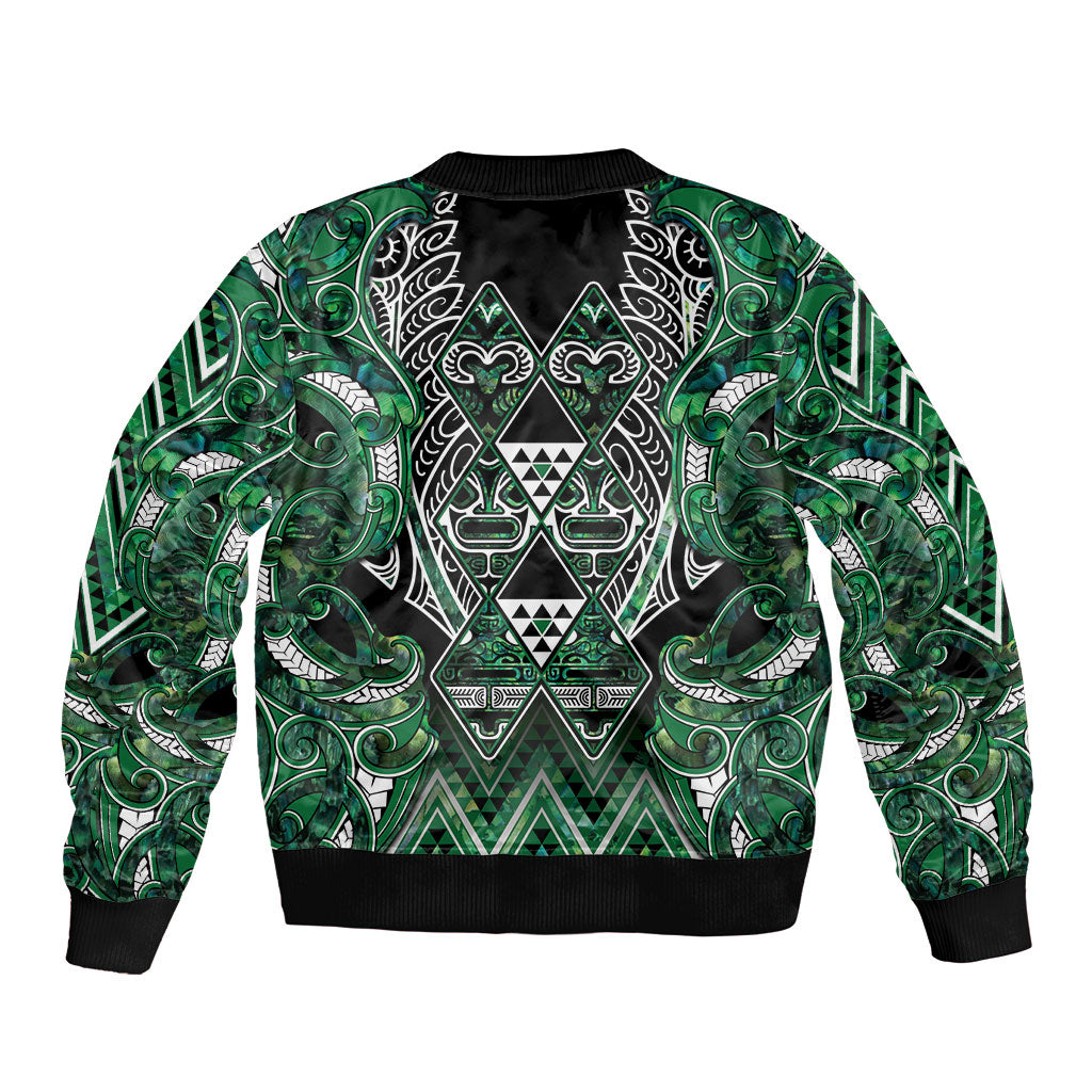 Aotearoa Ngai Tahu Sleeve Zip Bomber Jacket Maori Tribal Dark Green Paua Shell Pattern DT05 - Polynesian Pride