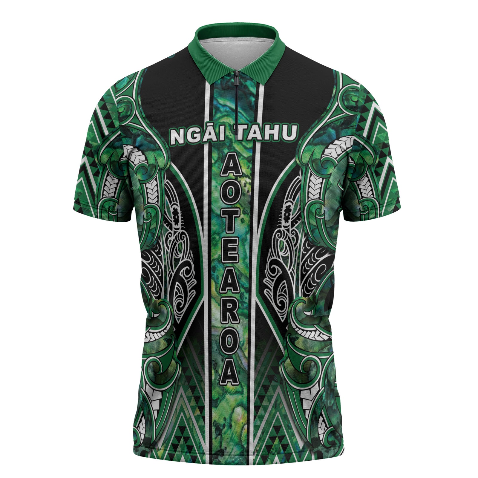 Aotearoa Ngai Tahu Zipper Polo Shirt Maori Tribal Dark Green Paua Shell Pattern