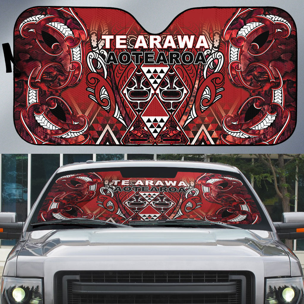 Aotearoa Te Arawa Auto Sun Shade Maori Tribal Dark Red Paua Shell Pattern DT05 Red - Polynesian Pride