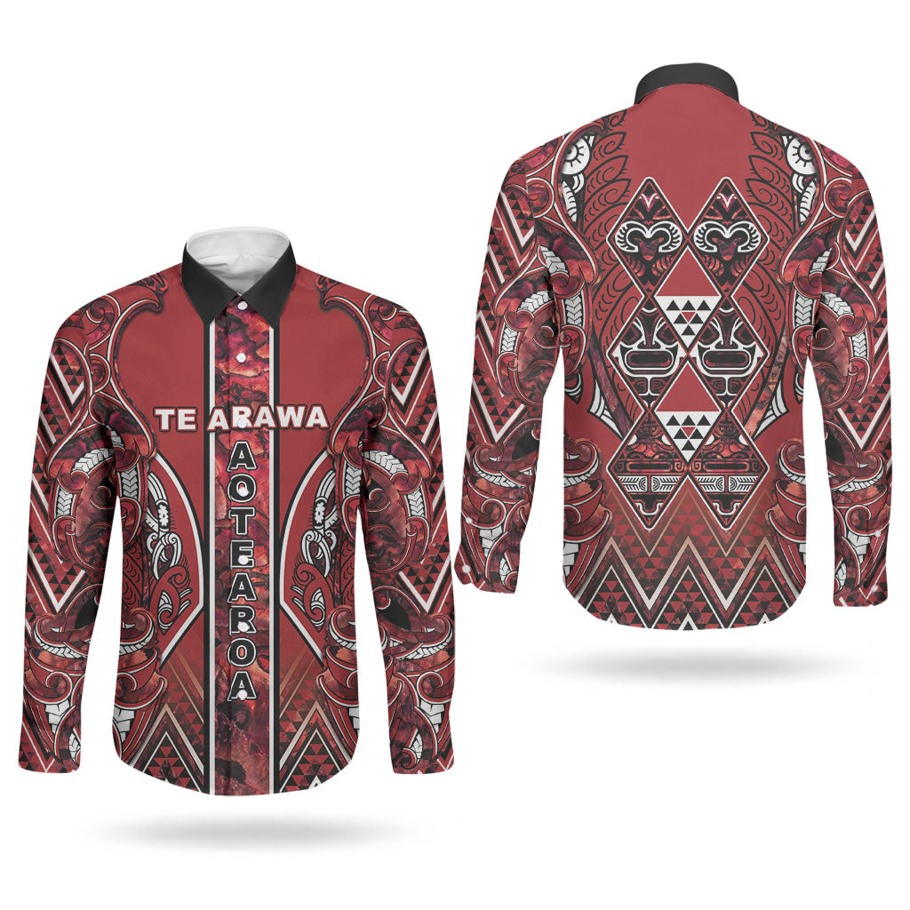 Aotearoa Te Arawa Couples Matching Off Shoulder Maxi Dress and Long Sleeve Button Shirt Maori Tribal Dark Red Paua Shell Pattern DT05 - Polynesian Pride