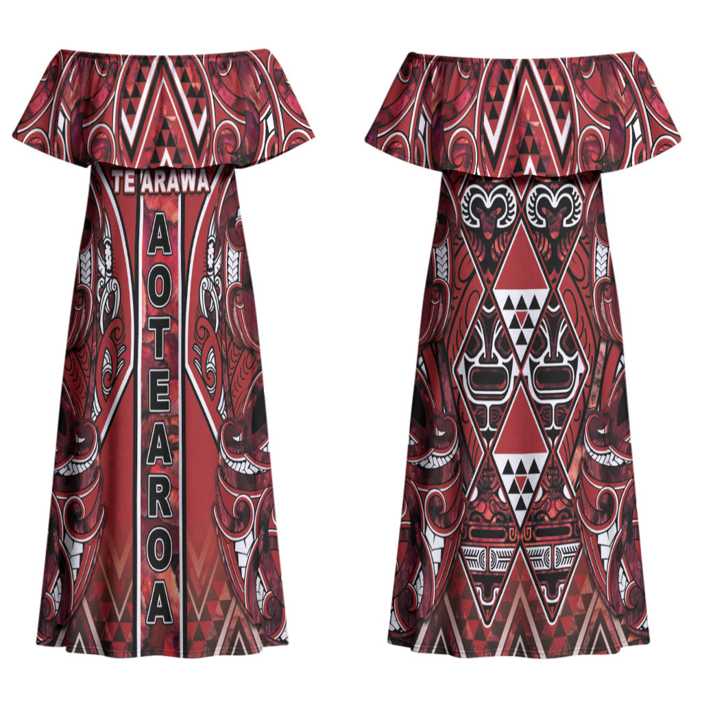 Aotearoa Te Arawa Couples Matching Off Shoulder Maxi Dress and Long Sleeve Button Shirt Maori Tribal Dark Red Paua Shell Pattern DT05 - Polynesian Pride