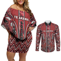 Aotearoa Te Arawa Couples Matching Off Shoulder Short Dress and Long Sleeve Button Shirt Maori Tribal Dark Red Paua Shell Pattern DT05 Red - Polynesian Pride