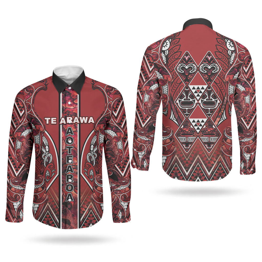 Aotearoa Te Arawa Couples Matching Off Shoulder Short Dress and Long Sleeve Button Shirt Maori Tribal Dark Red Paua Shell Pattern DT05 - Polynesian Pride