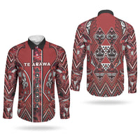 Aotearoa Te Arawa Couples Matching Off Shoulder Short Dress and Long Sleeve Button Shirt Maori Tribal Dark Red Paua Shell Pattern DT05 - Polynesian Pride