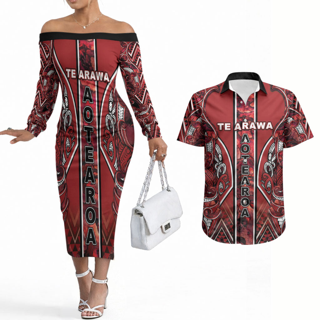 Aotearoa Te Arawa Couples Matching Off The Shoulder Long Sleeve Dress and Hawaiian Shirt Maori Tribal Dark Red Paua Shell Pattern DT05 Red - Polynesian Pride