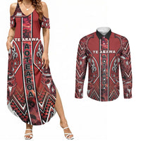 Aotearoa Te Arawa Couples Matching Summer Maxi Dress and Long Sleeve Button Shirt Maori Tribal Dark Red Paua Shell Pattern DT05 Red - Polynesian Pride