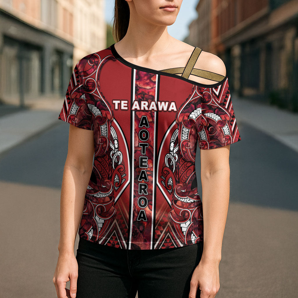 Aotearoa Te Arawa Cross Shoulder Shirt Maori Tribal Dark Red Paua Shell Pattern DT05 - Polynesian Pride