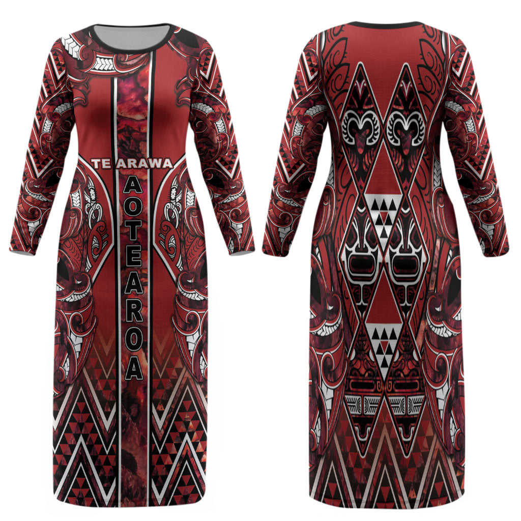 Aotearoa Te Arawa Family Matching Long Sleeve Bodycon Dress and Hawaiian Shirt Maori Tribal Dark Red Paua Shell Pattern DT05 Mom's Dress Red - Polynesian Pride