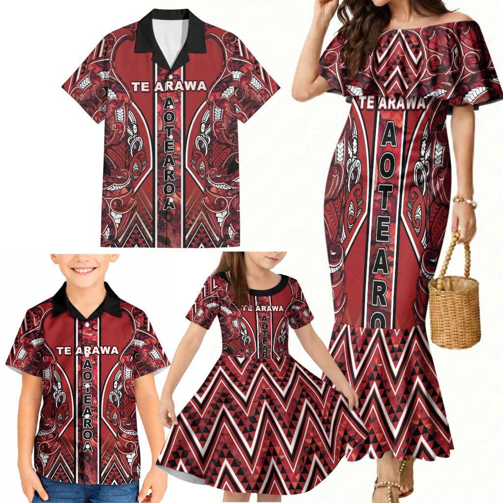 Aotearoa Te Arawa Family Matching Mermaid Dress and Hawaiian Shirt Maori Tribal Dark Red Paua Shell Pattern DT05 - Polynesian Pride
