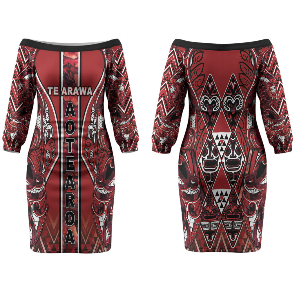 Aotearoa Te Arawa Family Matching Off The Shoulder Long Sleeve Dress and Hawaiian Shirt Maori Tribal Dark Red Paua Shell Pattern DT05 Mom's Dress Red - Polynesian Pride
