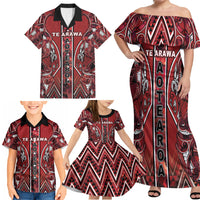 Aotearoa Te Arawa Family Matching Off Shoulder Maxi Dress and Hawaiian Shirt Maori Tribal Dark Red Paua Shell Pattern DT05 - Polynesian Pride