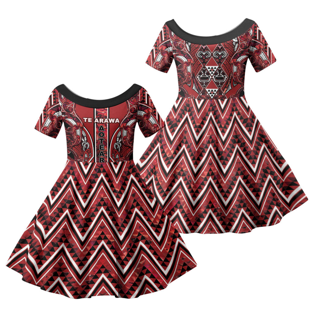 Aotearoa Te Arawa Family Matching Off Shoulder Maxi Dress and Hawaiian Shirt Maori Tribal Dark Red Paua Shell Pattern DT05 Daughter's Dress Red - Polynesian Pride