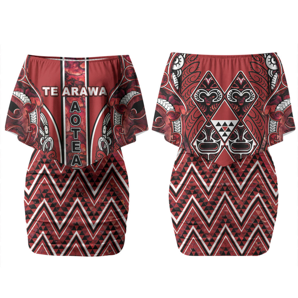 Aotearoa Te Arawa Family Matching Off Shoulder Short Dress and Hawaiian Shirt Maori Tribal Dark Red Paua Shell Pattern DT05 Mom's Dress Red - Polynesian Pride