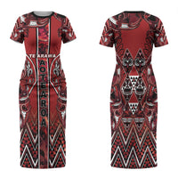 Aotearoa Te Arawa Family Matching Short Sleeve Bodycon Dress and Hawaiian Shirt Maori Tribal Dark Red Paua Shell Pattern DT05 Mom's Dress Red - Polynesian Pride