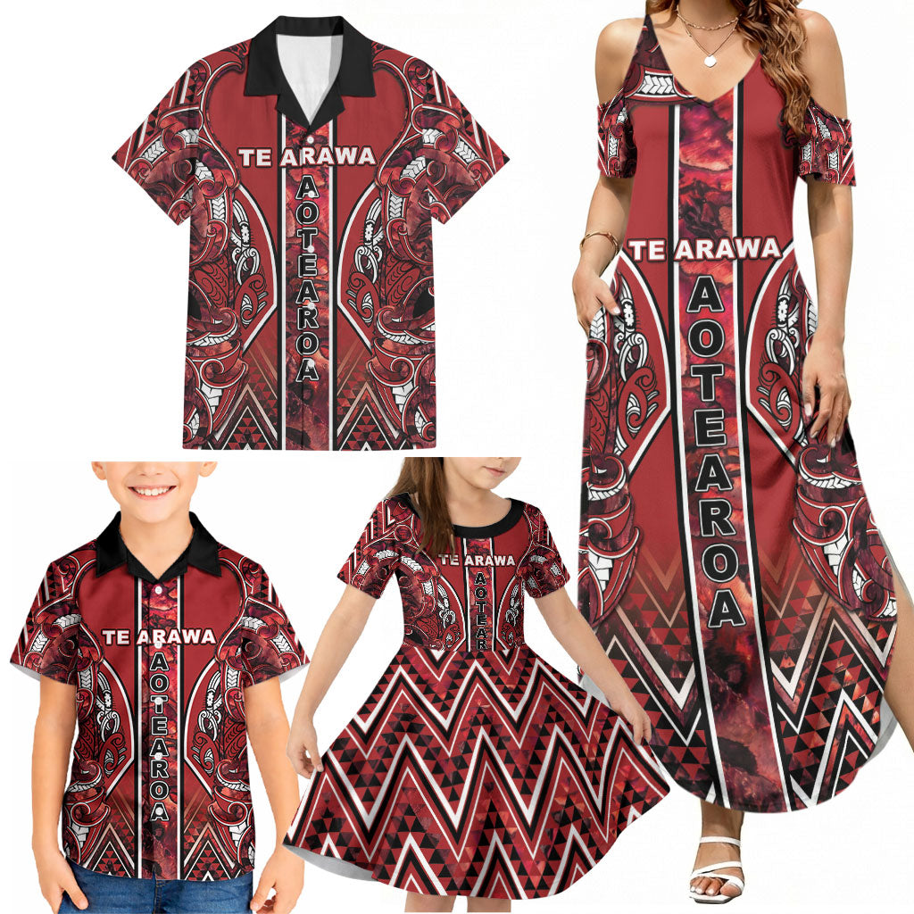 Aotearoa Te Arawa Family Matching Summer Maxi Dress and Hawaiian Shirt Maori Tribal Dark Red Paua Shell Pattern DT05 - Polynesian Pride