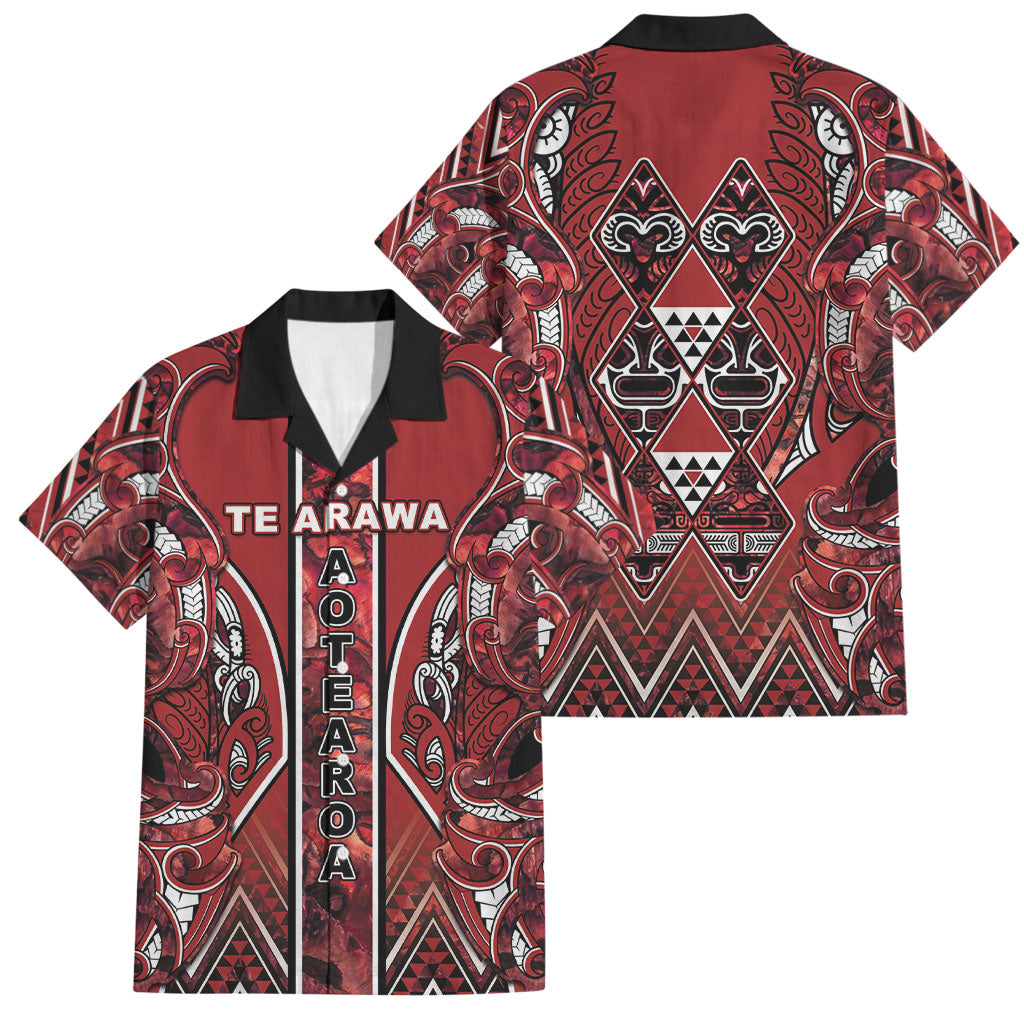 Aotearoa Te Arawa Family Matching Tank Maxi Dress and Hawaiian Shirt Maori Tribal Dark Red Paua Shell Pattern DT05 Dad's Shirt - Short Sleeve Red - Polynesian Pride