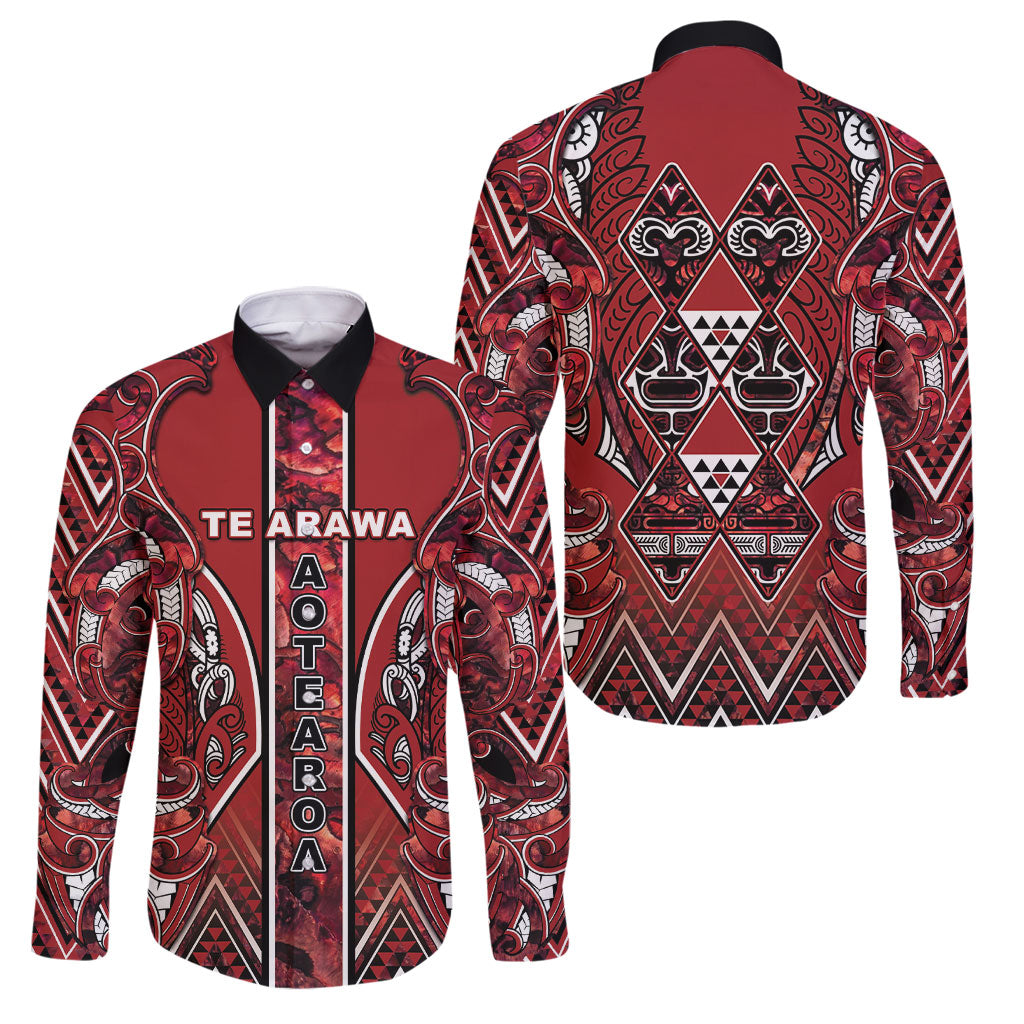 Aotearoa Te Arawa Family Matching Tank Maxi Dress and Hawaiian Shirt Maori Tribal Dark Red Paua Shell Pattern DT05 Dad's Shirt - Long Sleeve Red - Polynesian Pride
