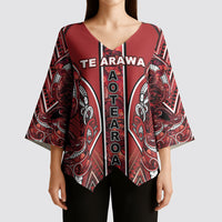 Aotearoa Te Arawa Kimono Sleeve Blouse Maori Tribal Dark Red Paua Shell Pattern DT05 - Polynesian Pride