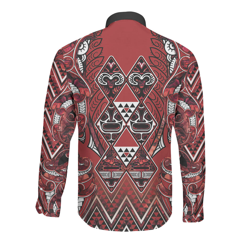 Aotearoa Te Arawa Long Sleeve Button Shirt Maori Tribal Dark Red Paua Shell Pattern DT05 - Polynesian Pride