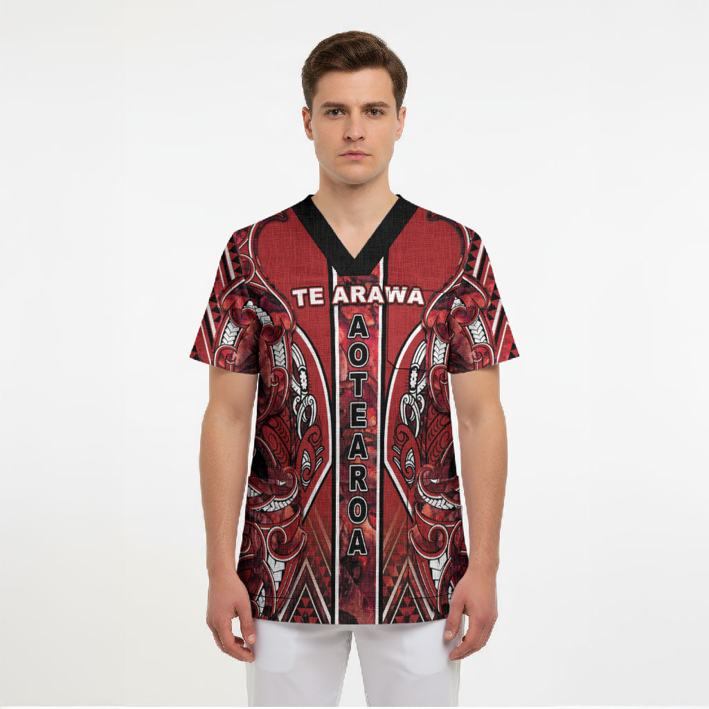 Aotearoa Te Arawa Scrub Top Maori Tribal Dark Red Paua Shell Pattern DT05 - Polynesian Pride