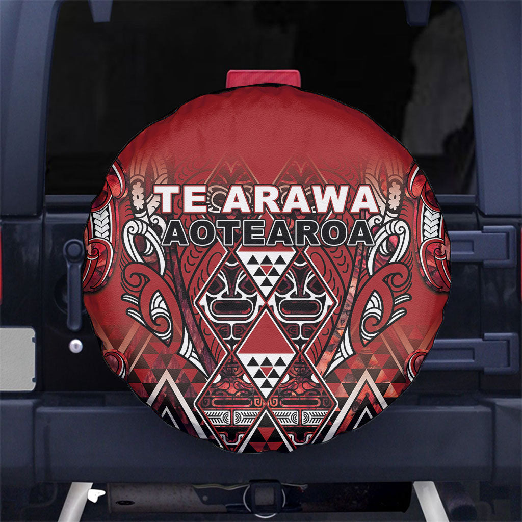 Aotearoa Te Arawa Spare Tire Cover Maori Tribal Dark Red Paua Shell Pattern