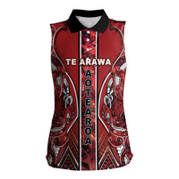 Aotearoa Te Arawa Women Sleeveless Polo Shirt Maori Tribal Dark Red Paua Shell Pattern DT05 Female Red - Polynesian Pride