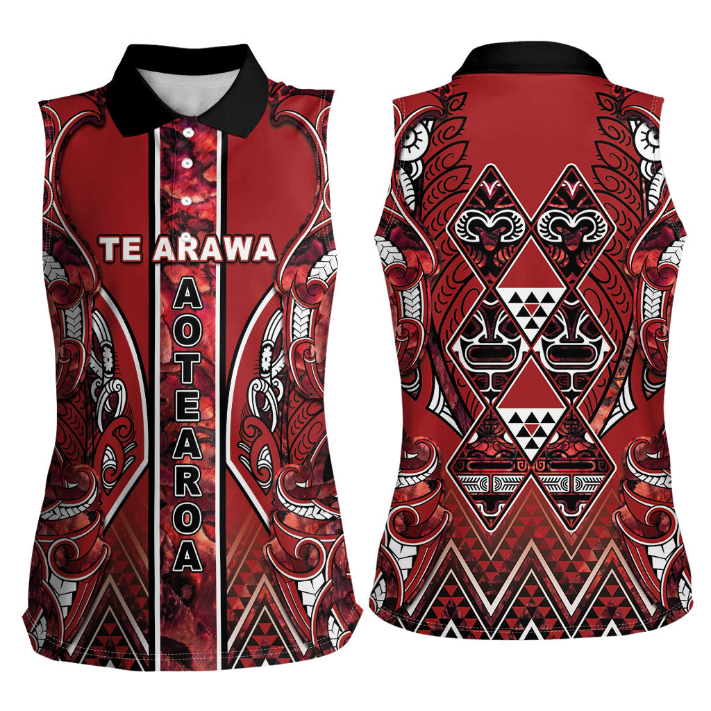 Aotearoa Te Arawa Women Sleeveless Polo Shirt Maori Tribal Dark Red Paua Shell Pattern DT05 - Polynesian Pride