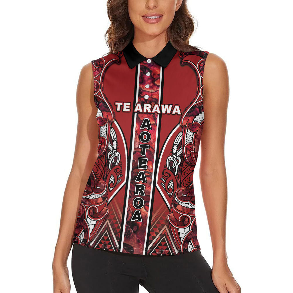 Aotearoa Te Arawa Women Sleeveless Polo Shirt Maori Tribal Dark Red Paua Shell Pattern DT05 - Polynesian Pride