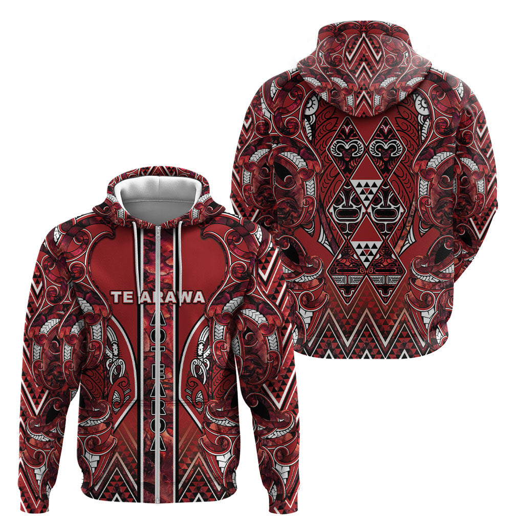 Aotearoa Te Arawa Zip Hoodie Maori Tribal Dark Red Paua Shell Pattern DT05 - Polynesian Pride