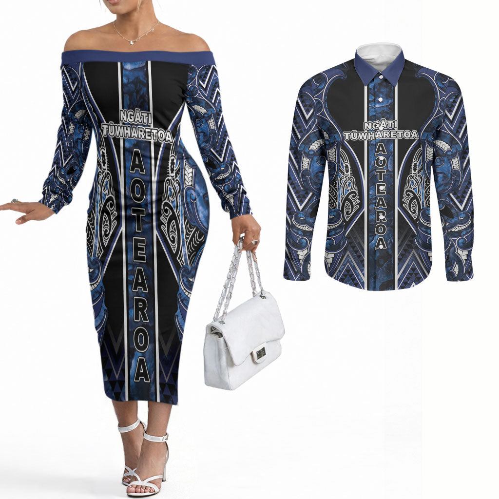 Aotearoa Tuwharetoa Couples Matching Off The Shoulder Long Sleeve Dress and Long Sleeve Button Shirt Maori Tribal Navy Paua Shell Pattern DT05 Navy - Polynesian Pride