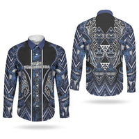 Aotearoa Tuwharetoa Couples Matching Puletasi and Long Sleeve Button Shirt Maori Tribal Navy Paua Shell Pattern DT05 - Polynesian Pride