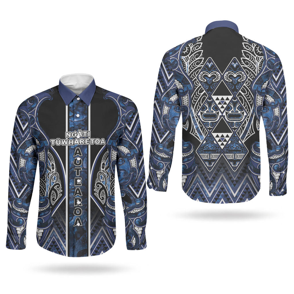 Aotearoa Tuwharetoa Couples Matching Summer Maxi Dress and Long Sleeve Button Shirt Maori Tribal Navy Paua Shell Pattern DT05 - Polynesian Pride