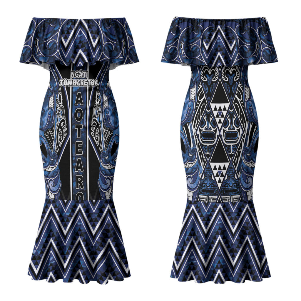 Aotearoa Tuwharetoa Family Matching Mermaid Dress and Hawaiian Shirt Maori Tribal Navy Paua Shell Pattern DT05 Mom's Dress Navy - Polynesian Pride
