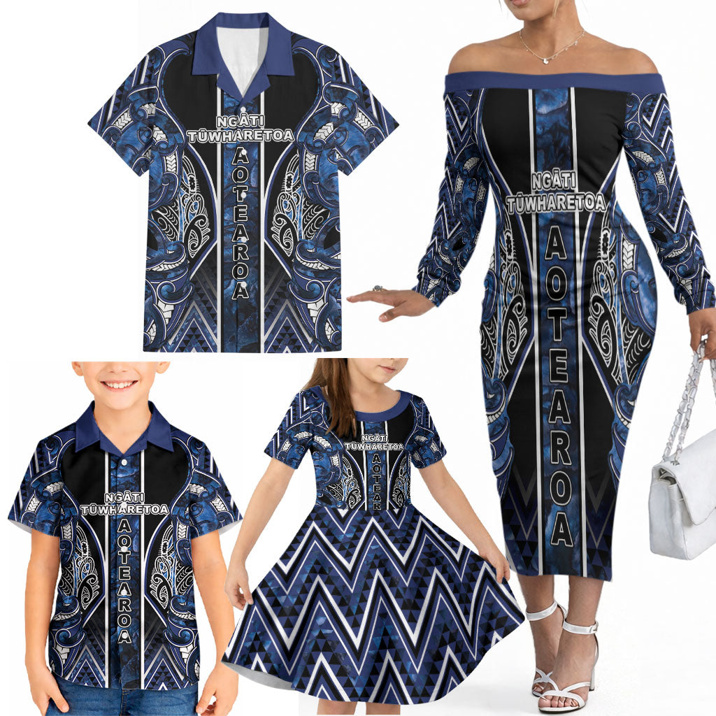 Aotearoa Tuwharetoa Family Matching Off The Shoulder Long Sleeve Dress and Hawaiian Shirt Maori Tribal Navy Paua Shell Pattern DT05 - Polynesian Pride