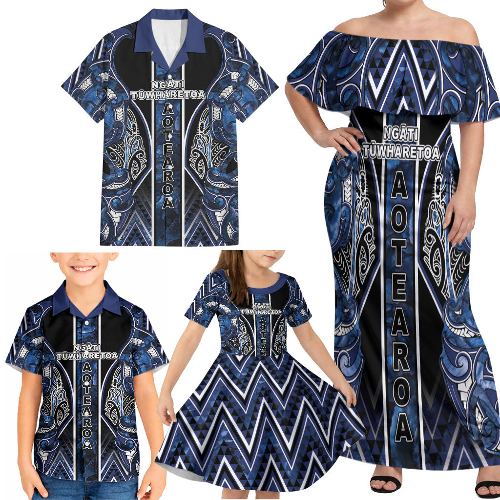 Aotearoa Tuwharetoa Family Matching Off Shoulder Maxi Dress and Hawaiian Shirt Maori Tribal Navy Paua Shell Pattern DT05 - Polynesian Pride