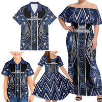 Aotearoa Tuwharetoa Family Matching Off Shoulder Maxi Dress and Hawaiian Shirt Maori Tribal Navy Paua Shell Pattern DT05 - Polynesian Pride
