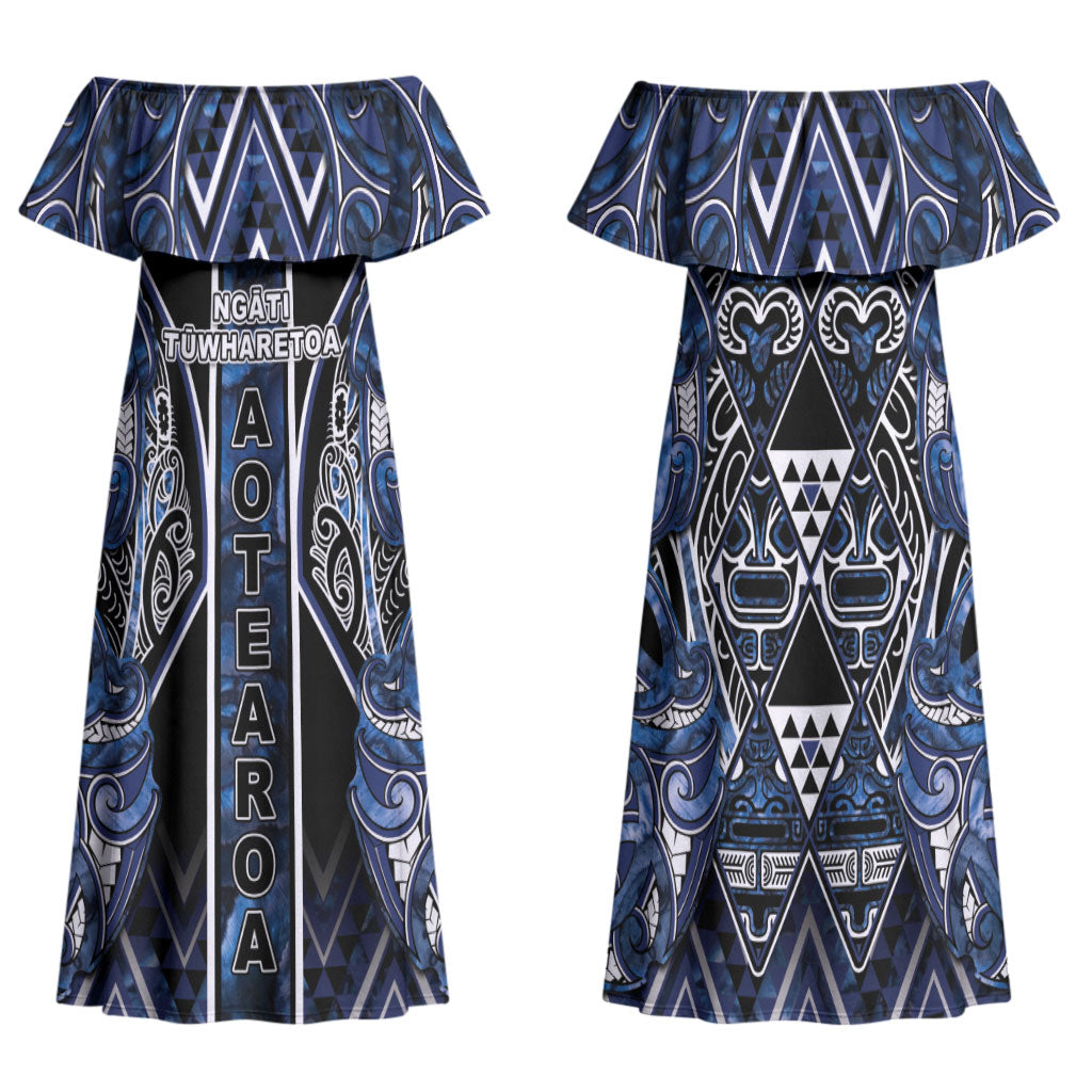 Aotearoa Tuwharetoa Family Matching Off Shoulder Maxi Dress and Hawaiian Shirt Maori Tribal Navy Paua Shell Pattern DT05 Mom's Dress Navy - Polynesian Pride