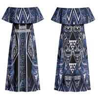 Aotearoa Tuwharetoa Family Matching Off Shoulder Maxi Dress and Hawaiian Shirt Maori Tribal Navy Paua Shell Pattern DT05 Mom's Dress Navy - Polynesian Pride