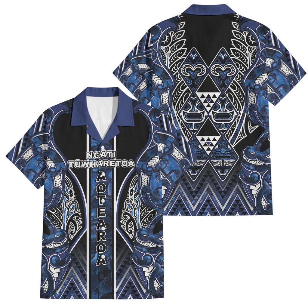 Aotearoa Tuwharetoa Family Matching Off Shoulder Maxi Dress and Hawaiian Shirt Maori Tribal Navy Paua Shell Pattern DT05 Dad's Shirt - Short Sleeve Navy - Polynesian Pride