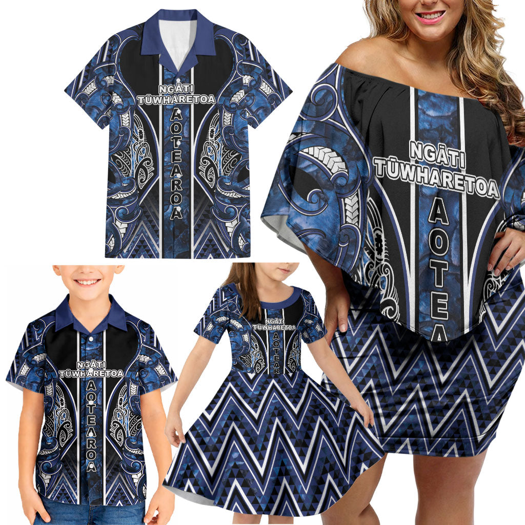 Aotearoa Tuwharetoa Family Matching Off Shoulder Short Dress and Hawaiian Shirt Maori Tribal Navy Paua Shell Pattern DT05 - Polynesian Pride