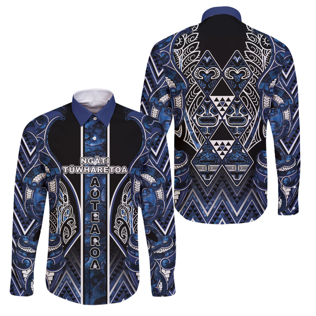 Aotearoa Tuwharetoa Family Matching Off Shoulder Short Dress and Hawaiian Shirt Maori Tribal Navy Paua Shell Pattern DT05 Dad's Shirt - Long Sleeve Navy - Polynesian Pride
