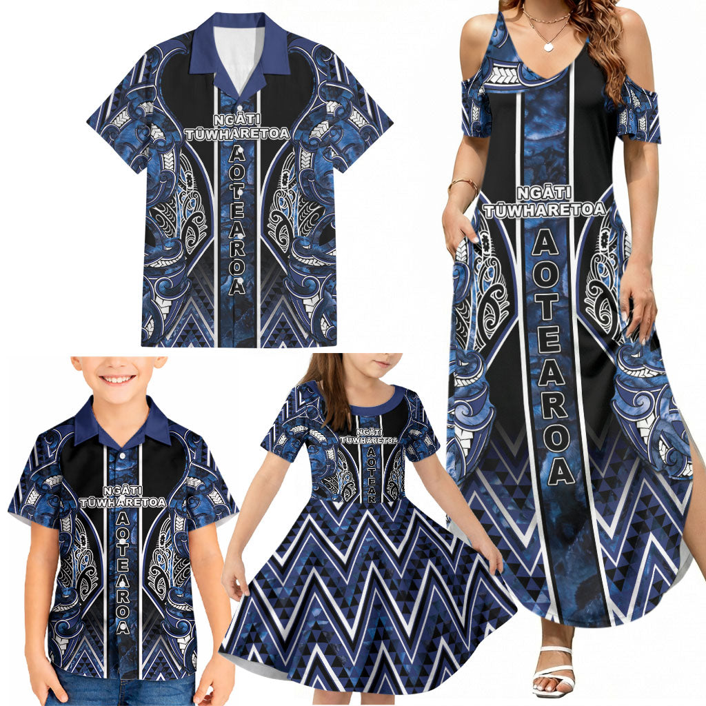 Aotearoa Tuwharetoa Family Matching Summer Maxi Dress and Hawaiian Shirt Maori Tribal Navy Paua Shell Pattern DT05 - Polynesian Pride
