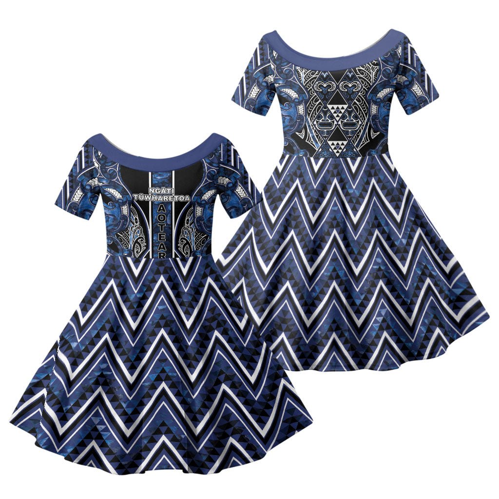 Aotearoa Tuwharetoa Family Matching Summer Maxi Dress and Hawaiian Shirt Maori Tribal Navy Paua Shell Pattern DT05 Daughter's Dress Navy - Polynesian Pride