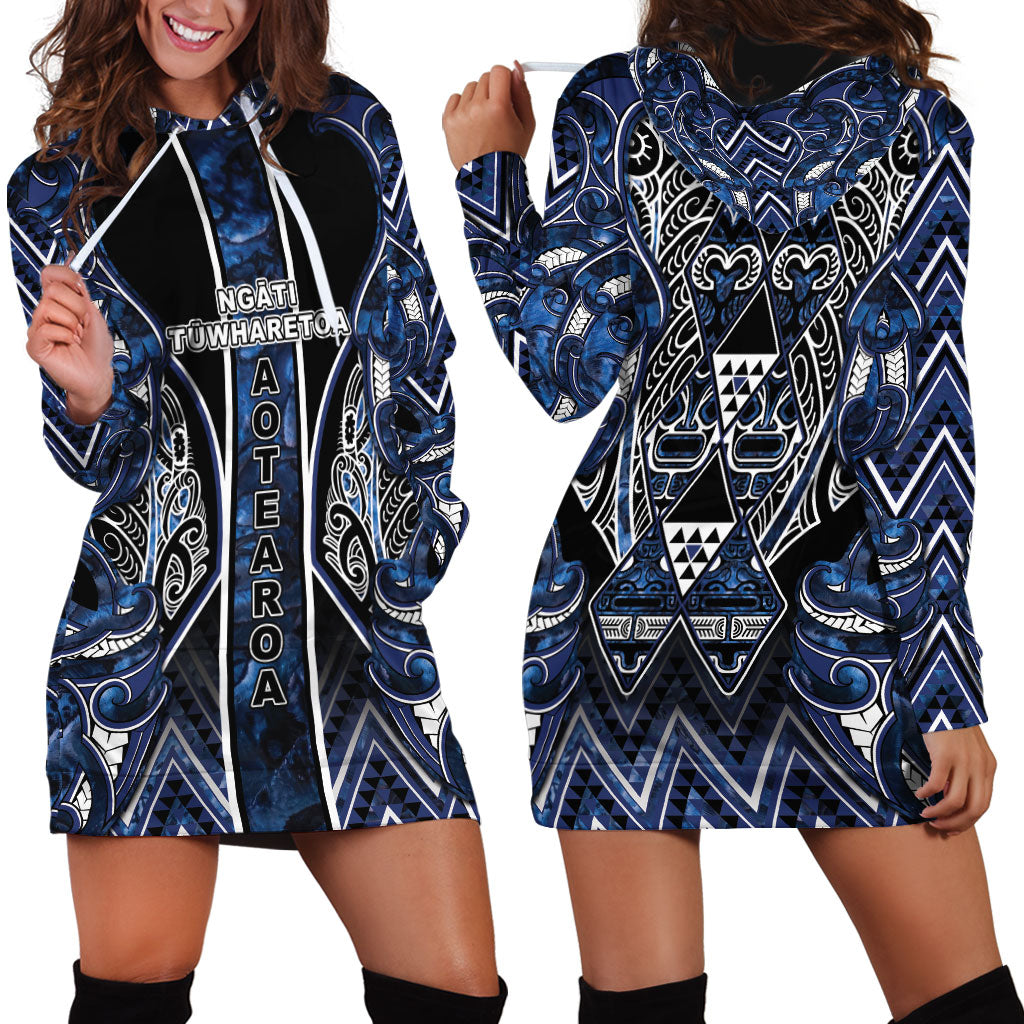 Aotearoa Tuwharetoa Hoodie Dress Maori Tribal Navy Paua Shell Pattern DT05 - Polynesian Pride