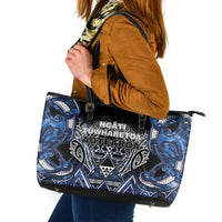 Aotearoa Tuwharetoa Leather Tote Bag Maori Tribal Navy Paua Shell Pattern DT05 Navy - Polynesian Pride