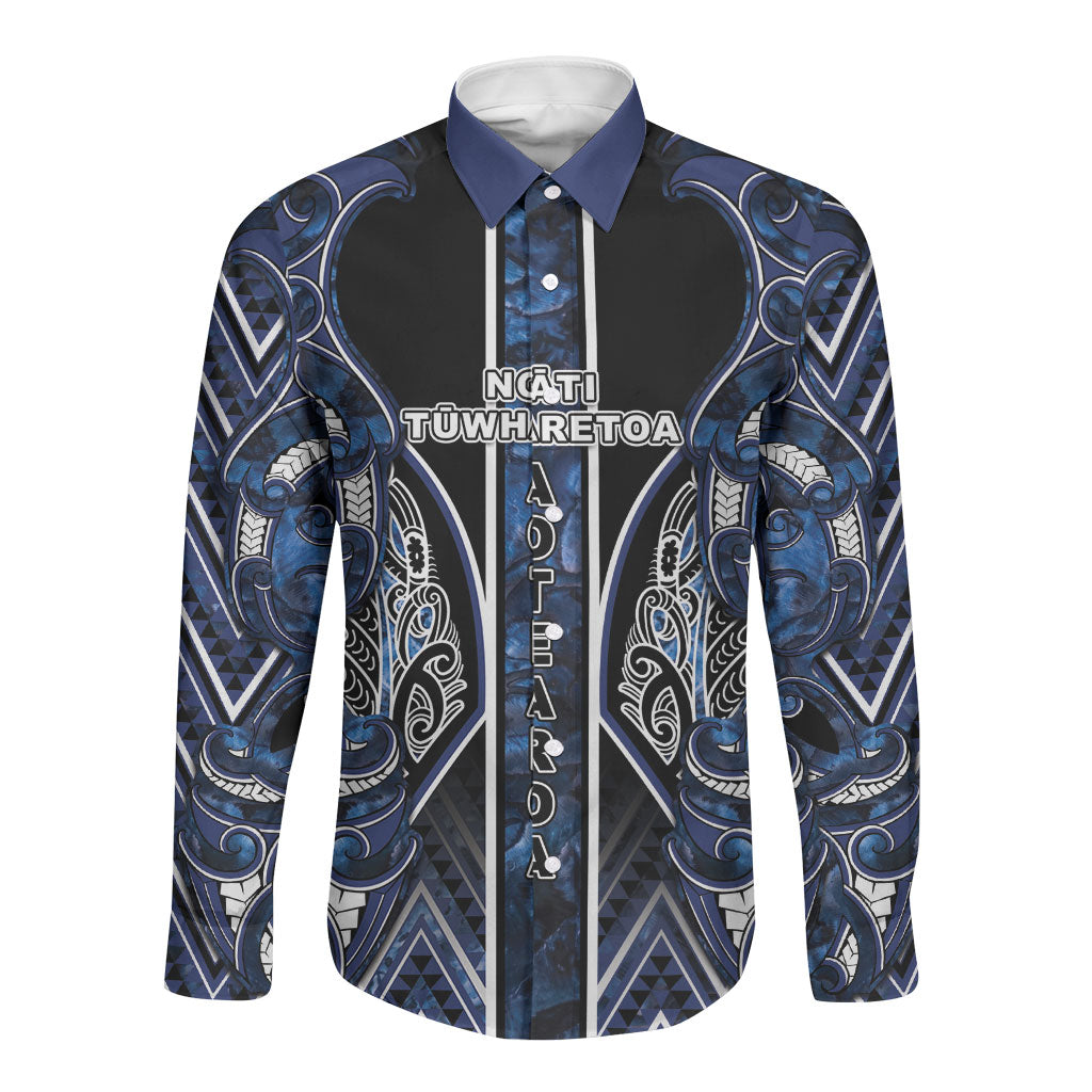 Aotearoa Tuwharetoa Long Sleeve Button Shirt Maori Tribal Navy Paua Shell Pattern