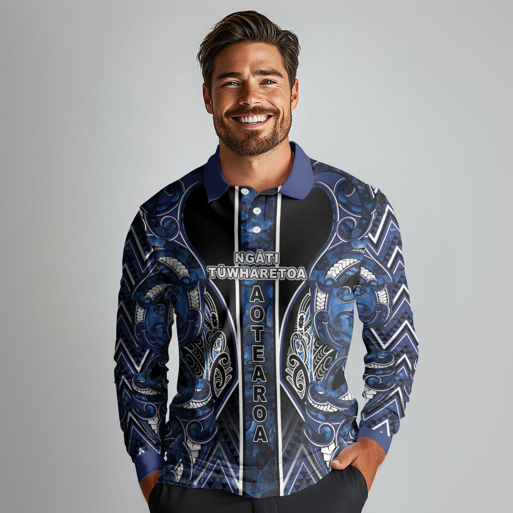 Aotearoa Tuwharetoa Long Sleeve Polo Shirt Maori Tribal Navy Paua Shell Pattern DT05 - Polynesian Pride