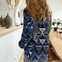 Aotearoa Tuwharetoa Women Casual Shirt Maori Tribal Navy Paua Shell Pattern DT05 - Polynesian Pride