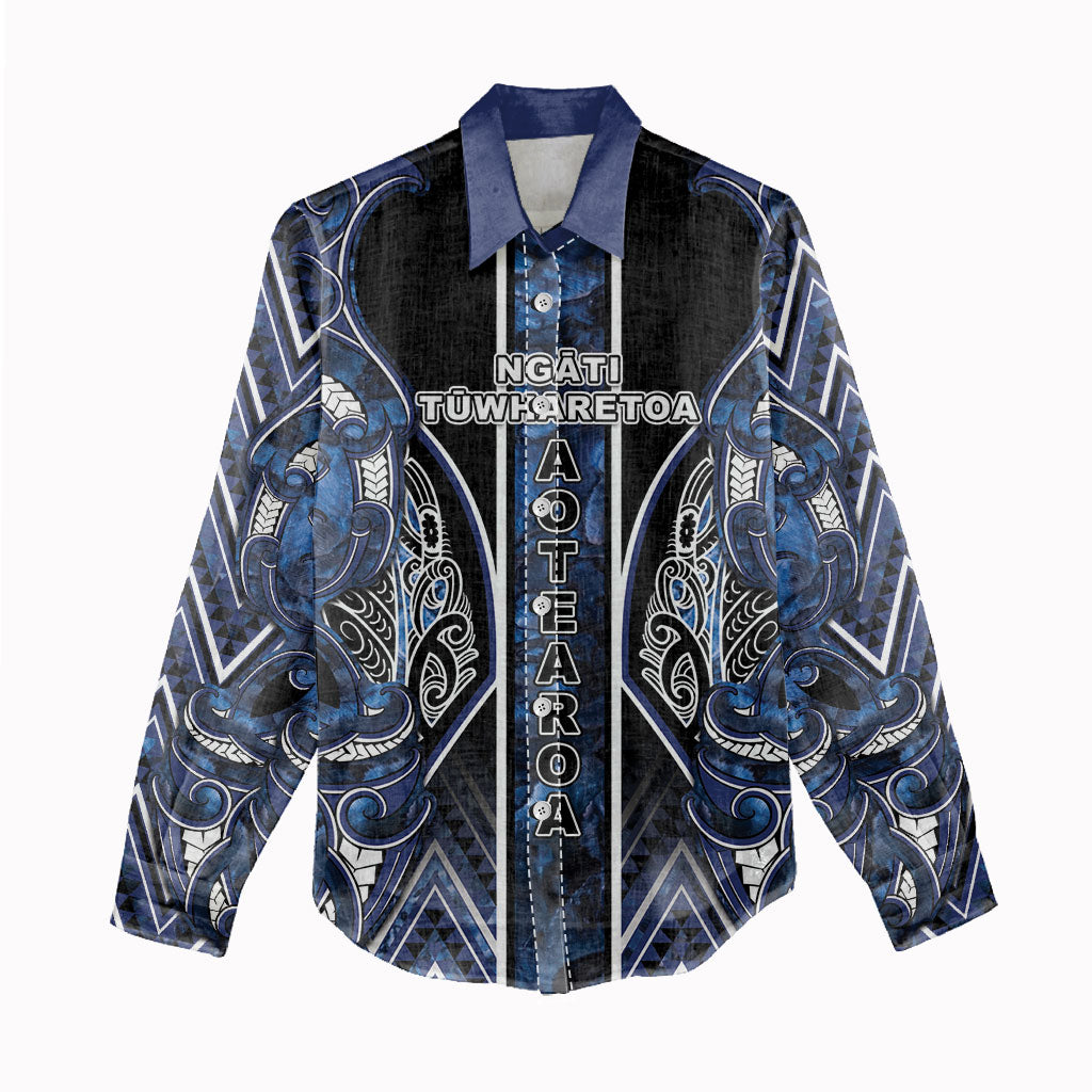 Aotearoa Tuwharetoa Women Casual Shirt Maori Tribal Navy Paua Shell Pattern DT05 - Polynesian Pride
